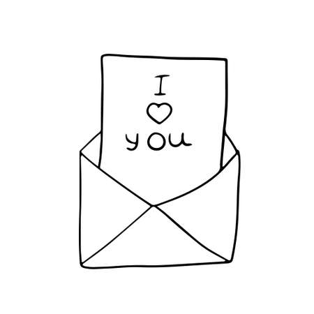 Simple opened envelope with letter inside and text I love you. Doodle style. Outline. Vector isolatedのイラスト素材