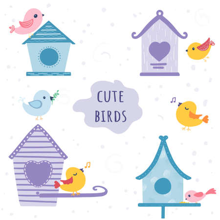 Set of colorful birds and birdhouses. Vector isolated elements on white backgroundのイラスト素材