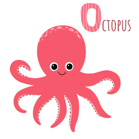 Cute red octopus with sign. O letter learning. Cartoon style. Vector isolated on white backgroundのイラスト素材