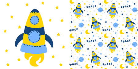 Yellow rocket cartoon style isolated on white background. . And Childish seamless pattern. Vectorのイラスト素材