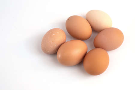 chicken eggs on a white background. view from above.