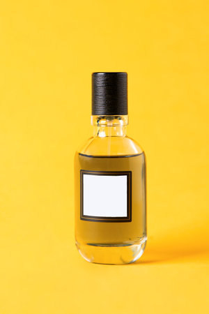 isolated glass bottle of perfume lies on the yellow background. minimalistic abstract mock up. women...