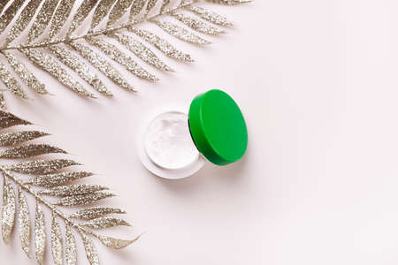 Natural cosmetics. Composition with body care products, creme and silver palm leaf over white background, top view, FLAT LAYの写真素材