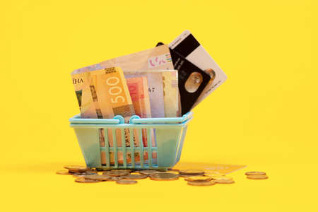 Shopping basket with coin, credit card and ukrainian bills hryvnias on yellow background. Space for text. Close up. Business concept.の写真素材