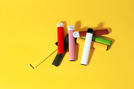Layout of colorful disposable electronic cigarettes with shadows on a yellow background. The concept...
