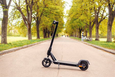 Electric scooter in the park. Cruising among the orange - green trees on a road. Modern...