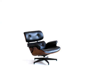 low leather wooden relax armchair isolated on white background with copy spaceの写真素材