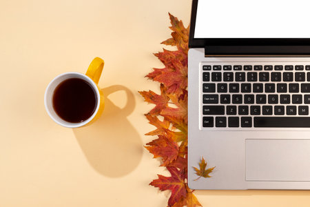 Workspace with red and yellow fallen leaves, laptop, cup of tea with shadows. Top view of cozy office beige desk. Autumn background, flat layの写真素材