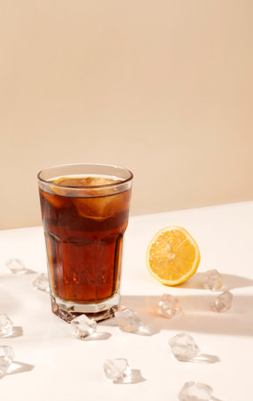glass of alcoholic drink on the table with ice cubes and lemon. long shadow. party and cocktail concept. rum and cola.の写真素材