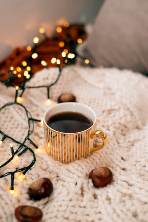 Cozy home decorations in the interior with knitting plaid and mug in the living room. Home comfort concept with garland. warm autumn evening.の写真素材