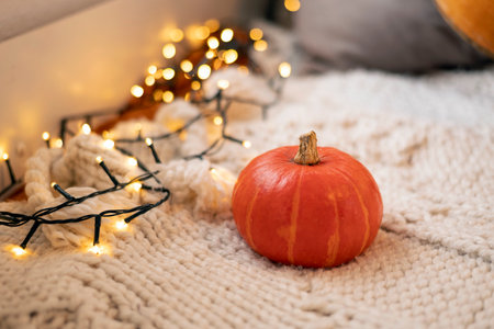 autumn still life. Pumpkin on white knitted plaid with garland - halloween home decor, concept of fall season, Warm, hygge, cozy, rustic style home decor, copy space, banner.の写真素材