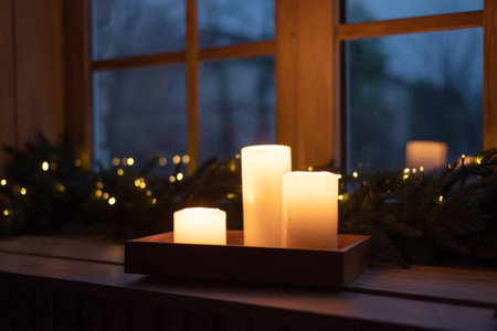 White burning candles on the windowsill. evening without electricity. Fan power outages.の写真素材