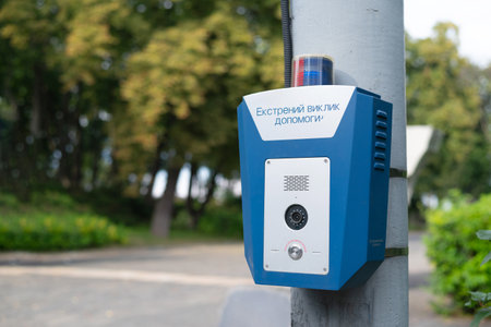 Emergency button in a public city park. SOS, police, panic. People safety concept. emergency call...