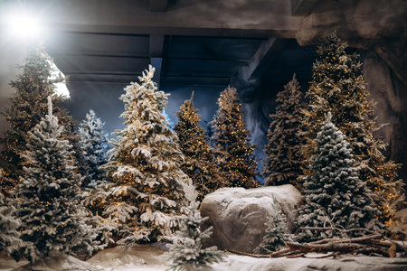 Christmas interior decoration Xmas trees. Forest trees covered by snow. Cozy Christmas atmosphere. Happy New Year 2024. High quality photoの写真素材