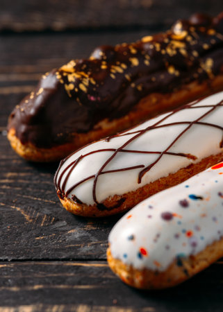 Beautiful delicious french eclairs set with original cream decor on dark wood background. close-up