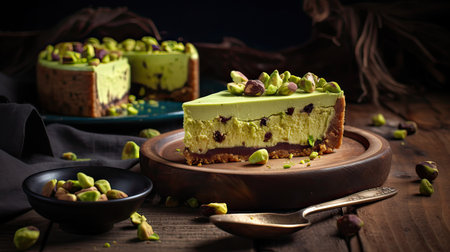Piece Pistachio Cheesecake. Dark wooden background. High quality photoの写真素材