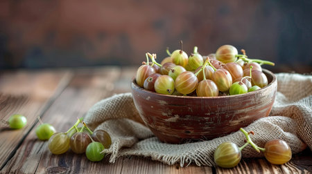 Ripe gooseberries fruit in bowl with sackcloth on wood table. High quality illustrationの写真素材