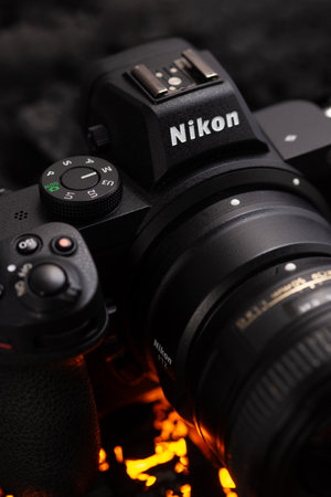 Nikon Z5 camera photograph on dark background. Detailed view of middle top part of camera.のeditorial素材