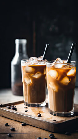 Two glasses of iced coffee on white wooden table. High quality photo