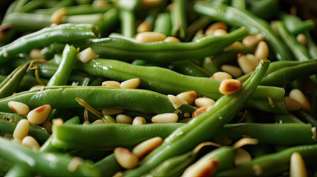 Sauteed green beans with pine nuts in a baking dish, healthy side dish. High quality photoの写真素材