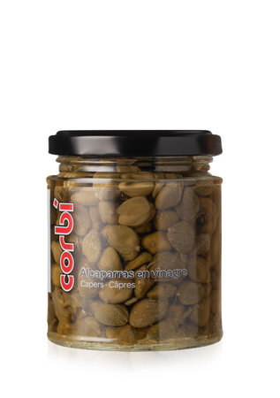 Marinated capers Corbi Alcaparras in a glass jar on a whiteのeditorial素材