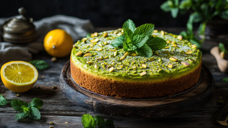 Delicious Pistachio Cake With Fresh Mint and Citrus Displayed on Rustic Wooden Tableの素材