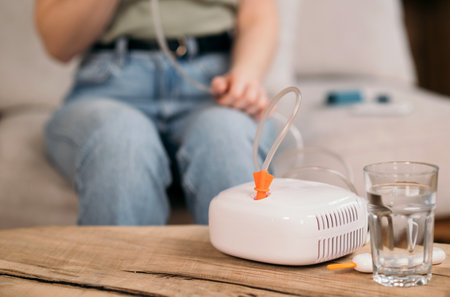 Woman using a nebulizer for respiratory treatment at home, sitting on a couch with medical equipment on the table.の写真素材
