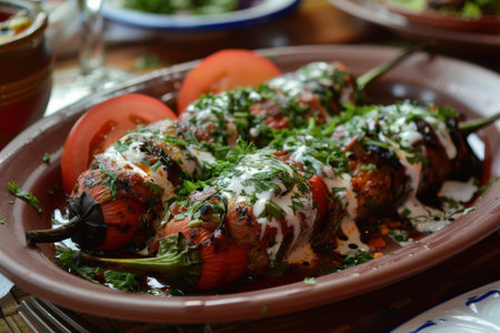 Grilled stuffed peppers topped with yogurt sauce and fresh herbs, served on a rustic clay plate with sliced tomatoesの素材