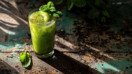 Kiwi Smoothie: A vibrant kiwi smoothie, adorned with sprig of mint, on a rustic surfaceの素材