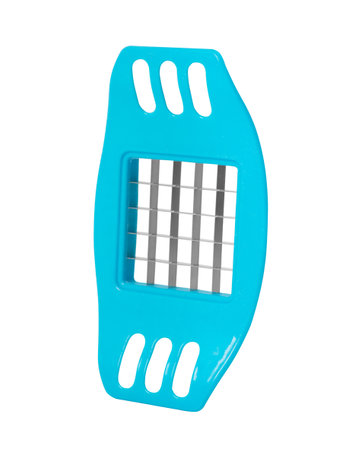 A blue kitchen tool with a grid blade, used for slicing or chopping food, ergonomic design on white background.の写真素材