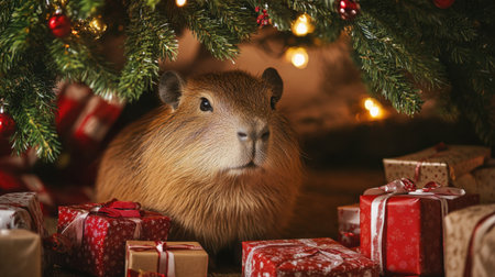 capybara under the Christmas tree with giftsの素材