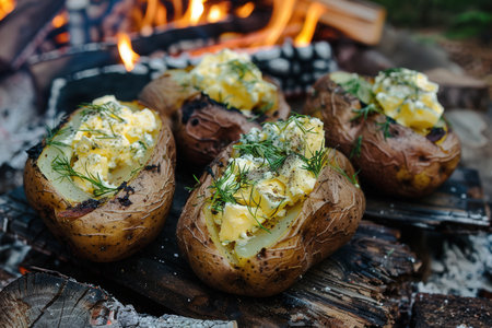 Baked potatoes with melted butter and herbs on open fire. Campfire cooking on wooden logs. Rustic outdoor meal.の素材