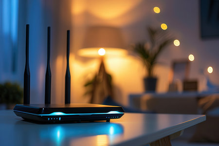 Modern wireless router with antennas on table in cozy home interior, glowing in evening light. High-speed internet connection.の素材