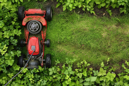 Top view of red lawn mower cutting grass between green bushes, creating a clear path through the lawn.の素材
