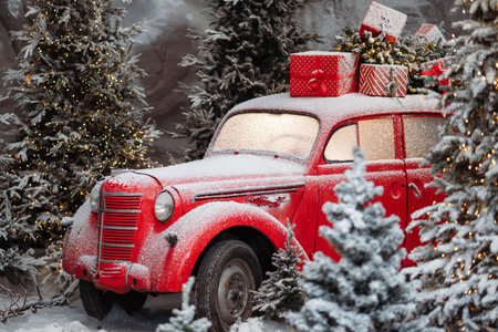 Red vintage car covered with snow carrying Christmas gifts and tree in a festive winter forest with lights.の写真素材