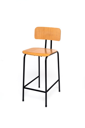Simple wooden bar chair with black metal legs, minimalist industrial design isolated on white backgroundの写真素材