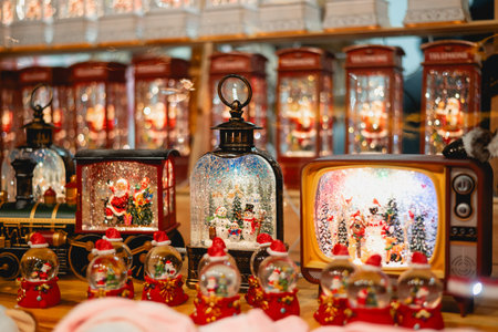 A collection of illuminated Christmas snow globes shaped like a train, TV, and telephone booths at a festive holiday marketの写真素材