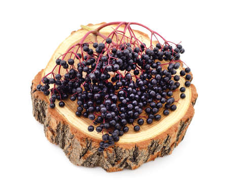 Ripe elderberry berries on wood isolated on a white background.