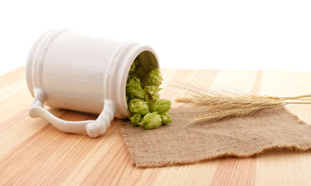 Hops and barley in a cup on burlap and wooden boards.の写真素材