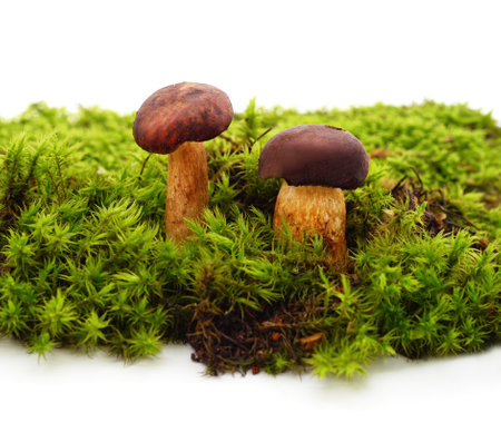 Three brown mushrooms with moss isolated on a white background.の写真素材