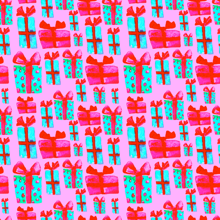 Seamless Pattern with Hand Drawn Watercolor Gifts with Bow. Christmas Background. Party or Birthday Design. Repeatable New Year Pattern. Can be used For Textile Print, Packaging, Wallpaper, Wrapper.の写真素材