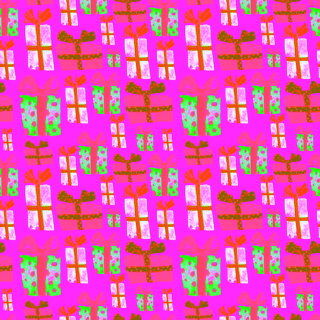 Seamless Pattern with Hand Drawn Watercolor Gifts with Bow. Christmas Background. Party or Birthday Design. Repeatable New Year Pattern. Can be used For Textile Print, Packaging, Wallpaper, Wrapper.の写真素材