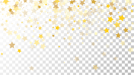 Abstract Background with Many Random Falling Golden Stars Confetti on Transparent Background. Invitation Background. Banner, Greeting Card, Christmas and New Year card, Postcard, Packagingのイラスト素材