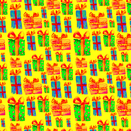 Seamless Pattern with Hand Drawn Watercolor Gifts with Bow. Christmas Background. Party or Birthday Design. Repeatable New Year Pattern. Can be used For Textile Print, Packaging, Wallpaper, Wrapper.の写真素材