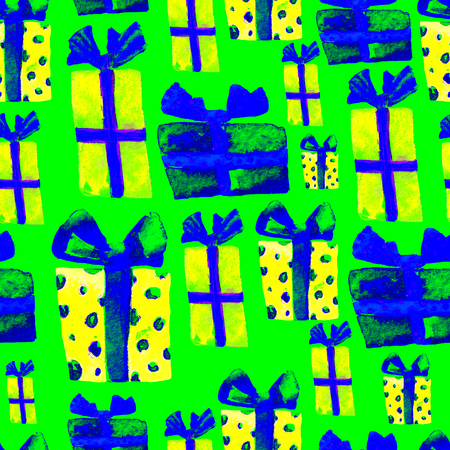Seamless Pattern with Hand Drawn Watercolor Gifts with Bow. Christmas Background. Party or Birthday Design. Repeatable New Year Pattern. Can be used For Textile Print, Packaging, Wallpaper, Wrapper.の写真素材