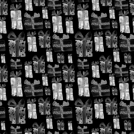 Seamless Pattern with Hand Drawn Watercolor Gifts with Bow. Christmas Background. Party or Birthday Design. Repeatable New Year Pattern. Can be used For Textile Print, Packaging, Wallpaper, Wrapper.の写真素材