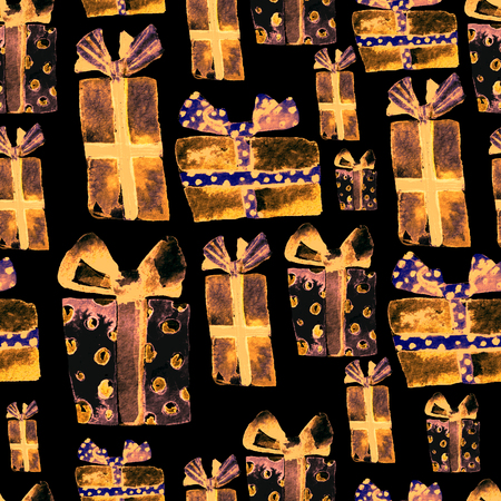 Seamless Pattern with Hand Drawn Watercolor Gifts with Bow. Christmas Background. Party or Birthday Design. Repeatable New Year Pattern. Can be used For Textile Print, Packaging, Wallpaper, Wrapper.の写真素材