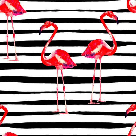 Watercolor Flamingo Seamless Pattern. Swimwear Summer Design.  Hand Painted Illustration with Flamingo end lines. Striped Beautiful Summer Pattern with Flamingo. Fabric Repetably Print.の写真素材