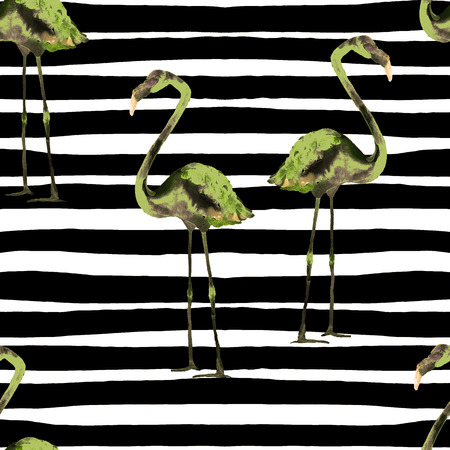 Watercolor Flamingo Seamless Pattern. Swimwear Design.  Hand Painted Striped Illustration with Flamingo end lines. Striped Beautiful Summer Pattern with Flamingo. Aloha Fabric Repetably Print.の写真素材
