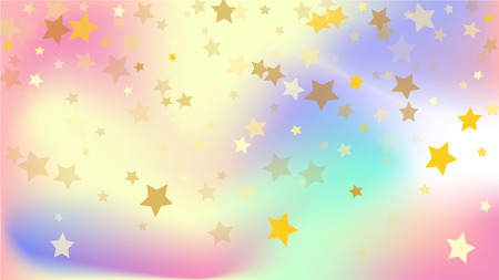  Random Falling Golden Stars on Honologram Background. Magic Flying Stars Confetti.  Banner, Greeting Card, Christmas and New Year card, Postcard, Packaging, Textile Print. Vector Illustration.のイラスト素材